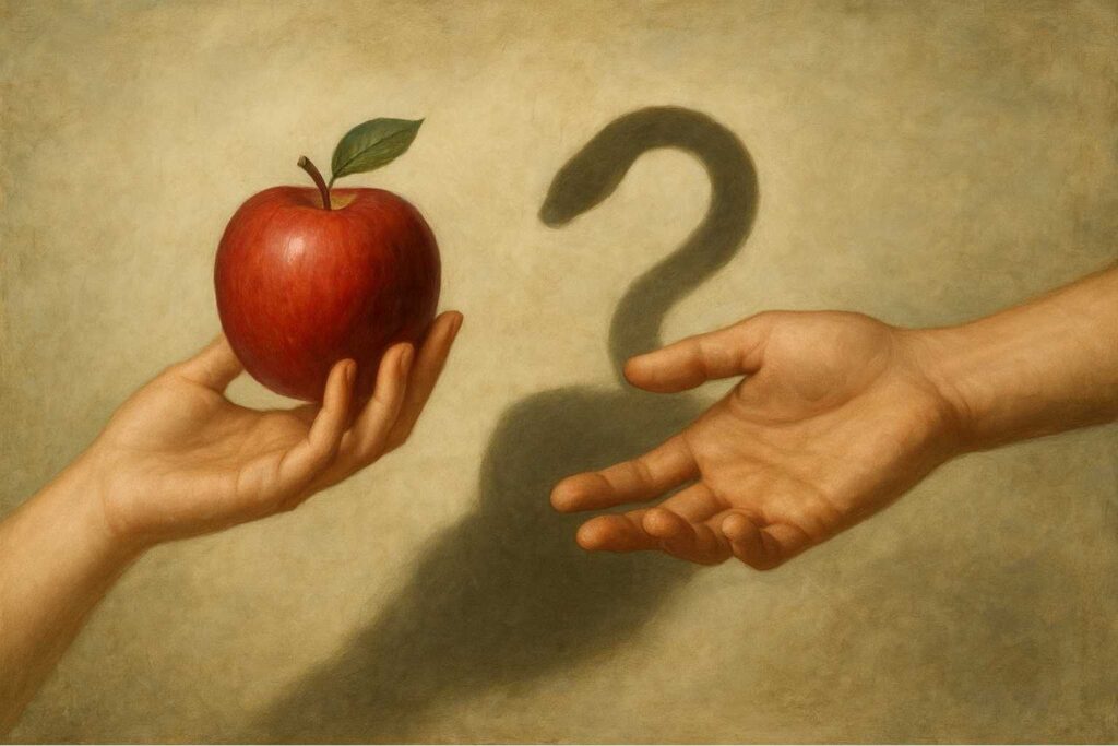 Duas mãos se estendem: a mão da mulher oferece uma maçã vermelha à mão do homem. A sombra projetada pela mão dele mostra uma cobra em vez da maçã. Gênesis 3:1-6: Eva, Adão, Lilith. O pecado original.
